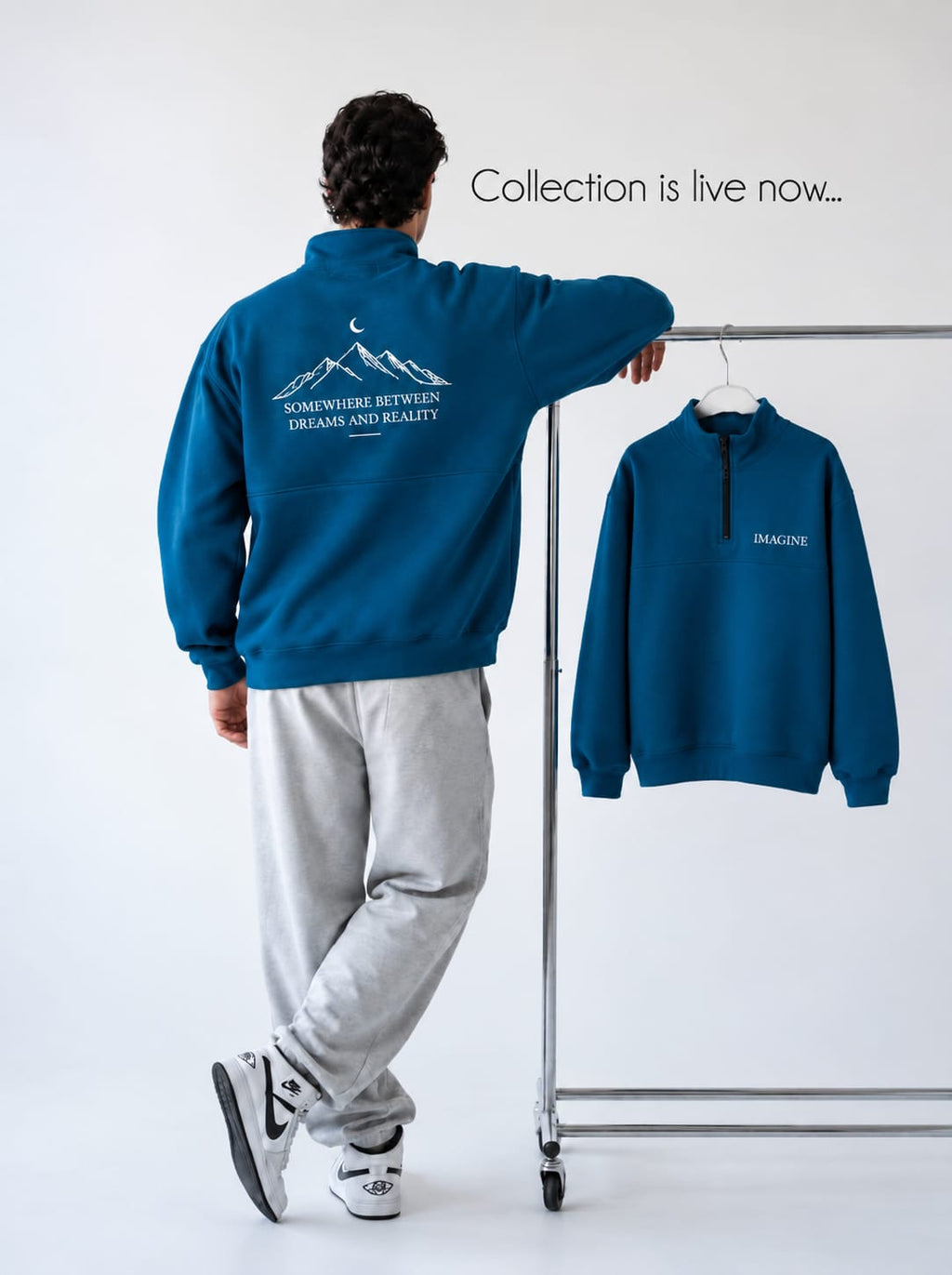 Embroidered Half-Zip in Teal Blue