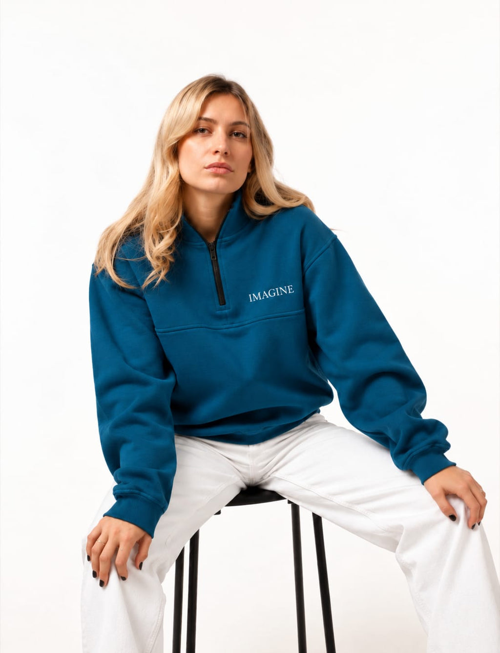 Embroidered Half-Zip in Teal Blue