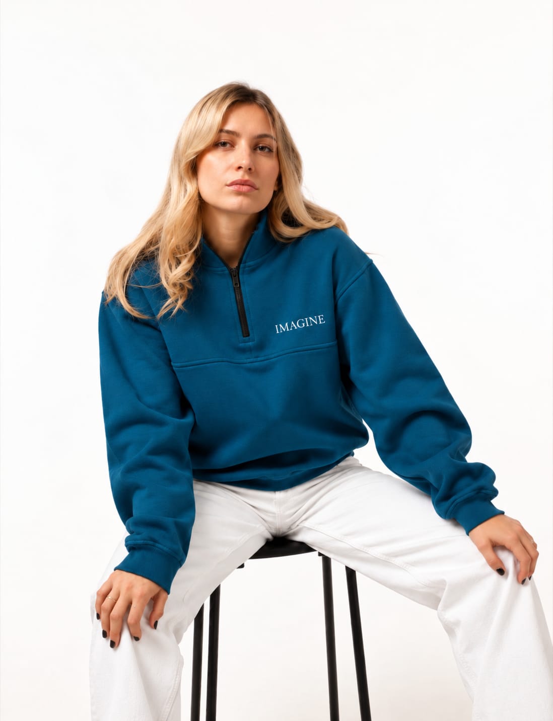 Embroidered Half-Zip in Teal Blue