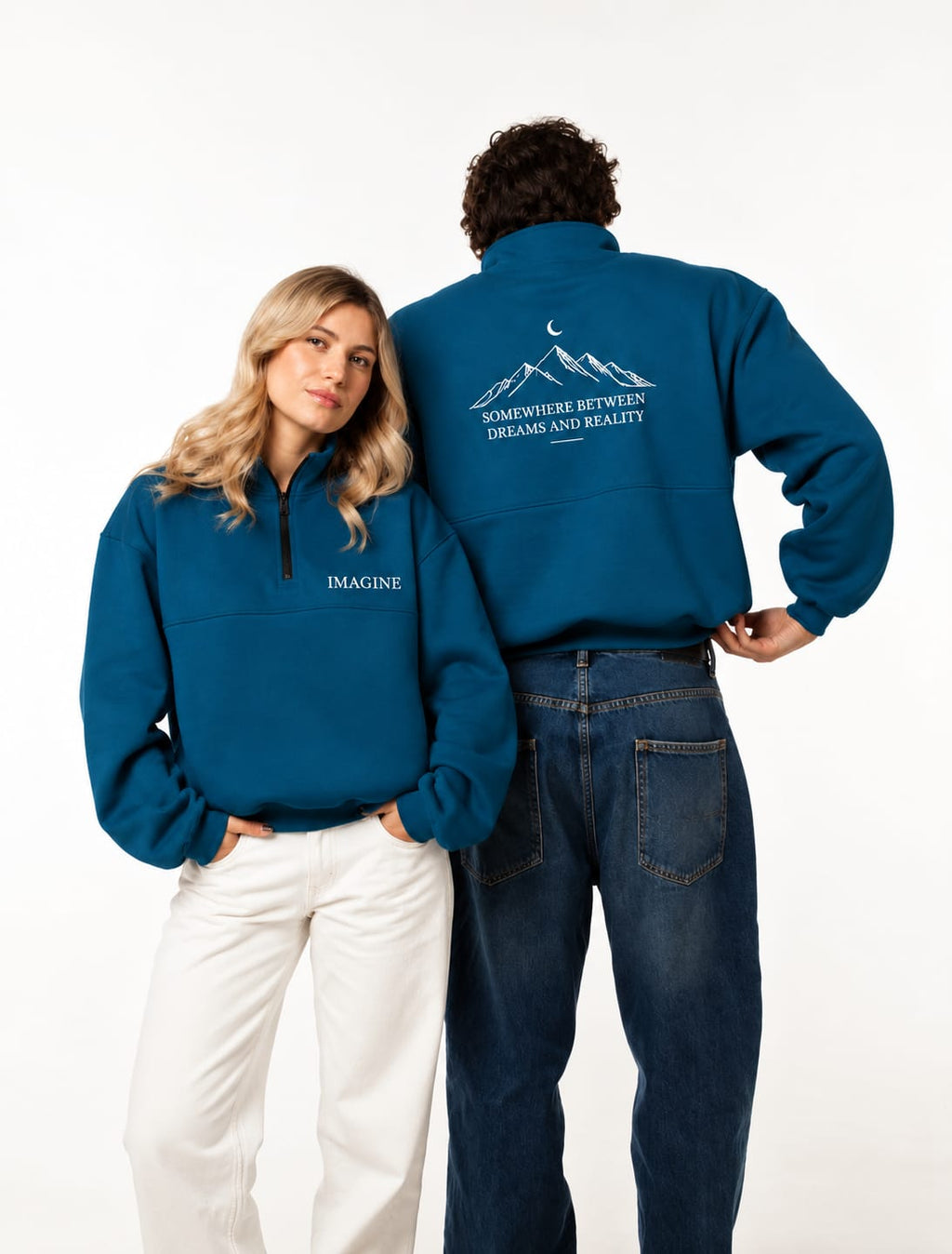 Embroidered Half-Zip in Teal Blue